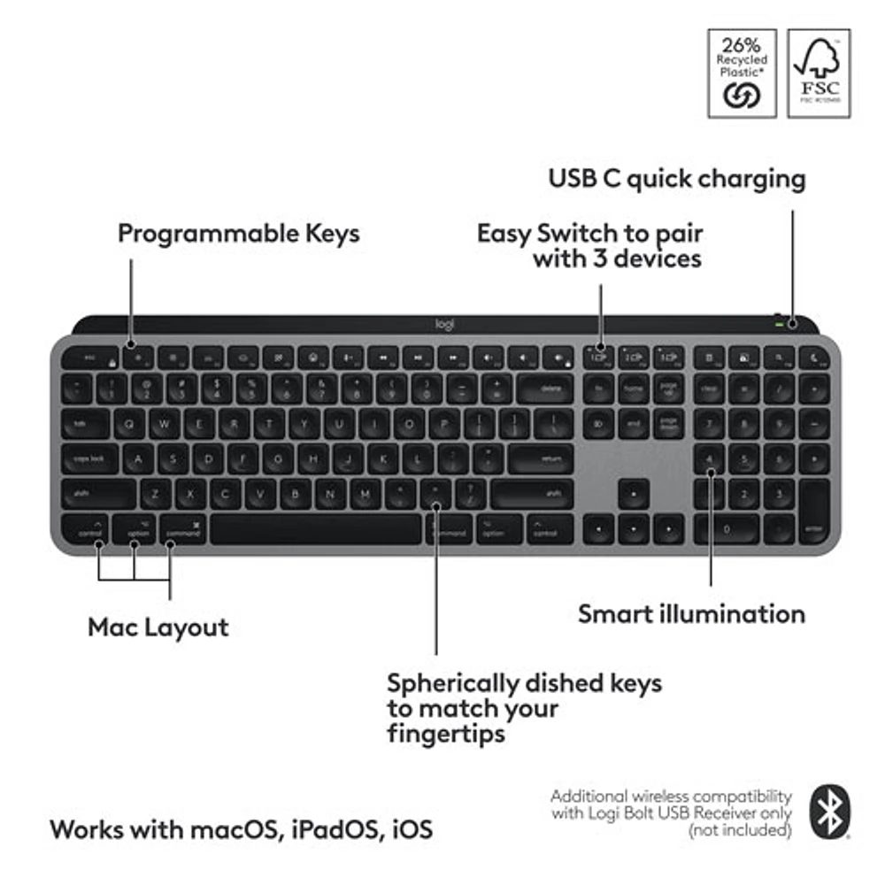 Clavier pleine grandeur Bluetooth MX Keys S de Logitech pour iPad/Mac - Gris cosmique - Anglais