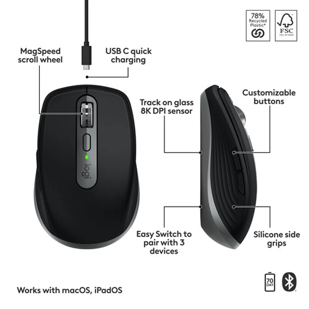 Souris Bluetooth Darkfield de 8000 ppp MX Anywhere 3S de Logitech pour MacOS/iPad - Gris cosmique