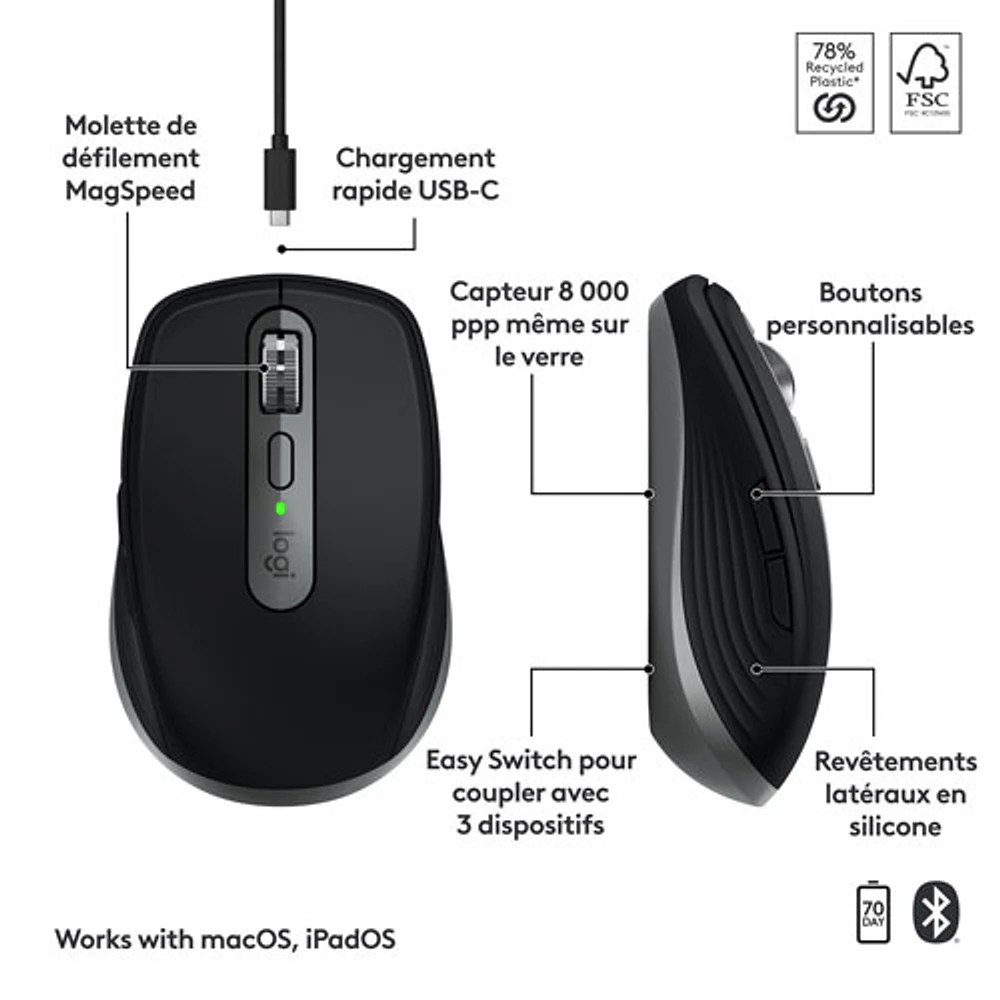 Souris Bluetooth Darkfield de 8000 ppp MX Anywhere 3S de Logitech pour MacOS/iPad - Gris cosmique