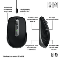 Souris Bluetooth Darkfield de 8000 ppp MX Anywhere 3S de Logitech pour MacOS/iPad - Gris cosmique