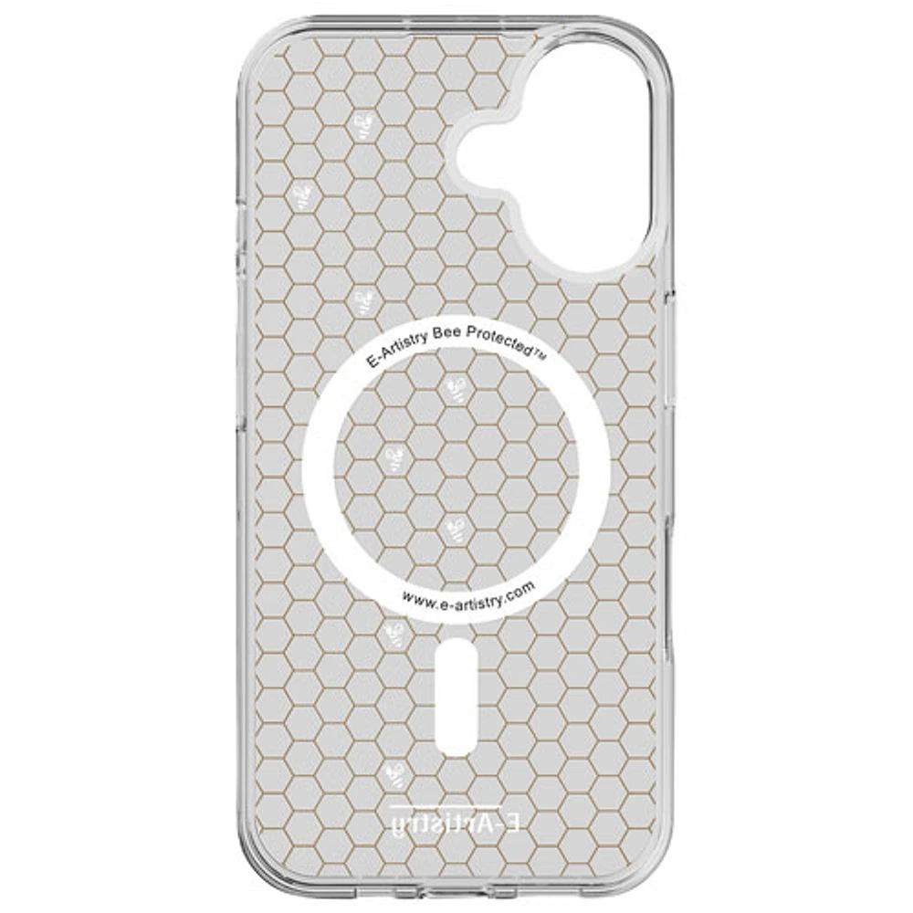 E-Artistry Signature Honeycomb Fitted Hard Shell Case w/ MagSafe for iPhone 16 - Clear- Gold/White