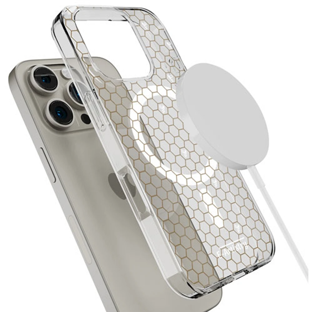 E-Artistry Signature Honeycomb Fitted Hard Shell Case w/ MagSafe for iPhone 16 Pro - Clear- Gold/White