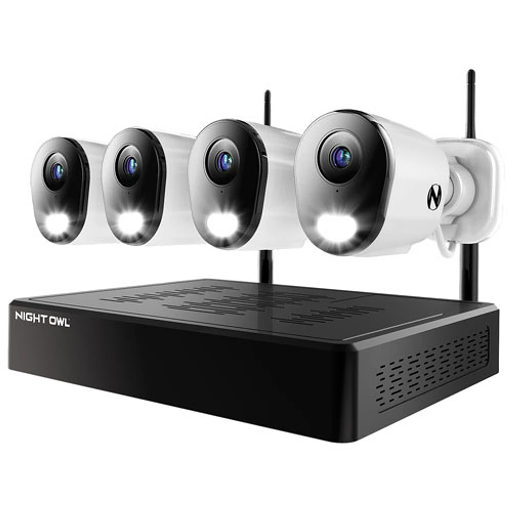 Système de surveillance semi-sans fil à enregistreur vidéo réseau avec audio à 2 voies et 4 caméras compactes d'intérieur/d'extérieur 4K de Night Owl - Blanc