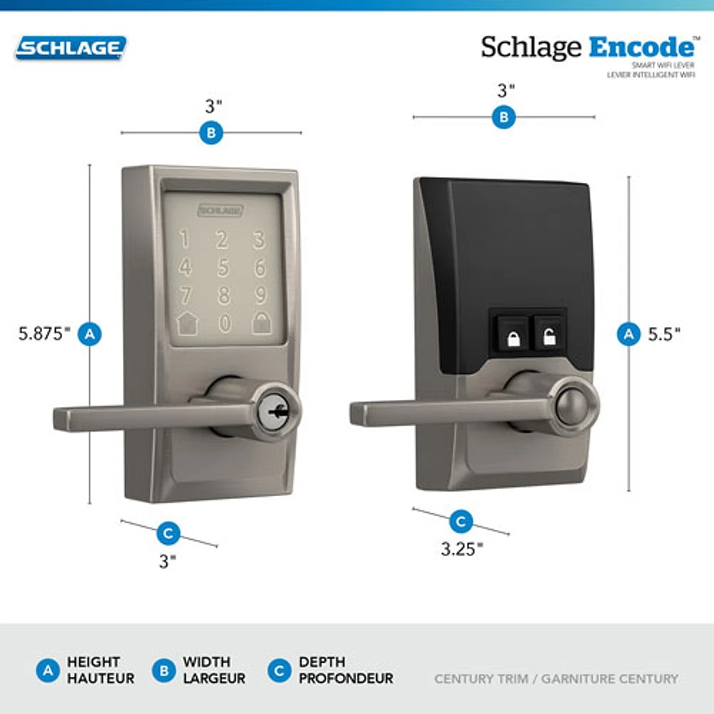 Schlage Encode Latitude Wi-Fi Smart Lock with Lever Door Handle - Satin Nickel