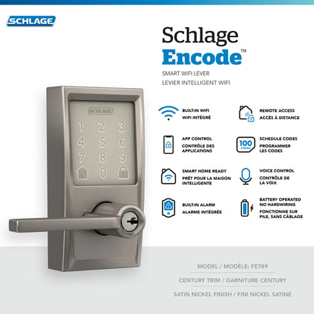 Schlage Encode Latitude Wi-Fi Smart Lock with Lever Door Handle - Satin Nickel