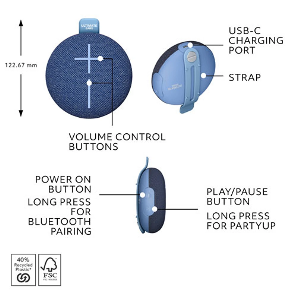 Ultimate Ears MINIROLL Waterproof Bluetooth Wireless Mini Portable Speaker