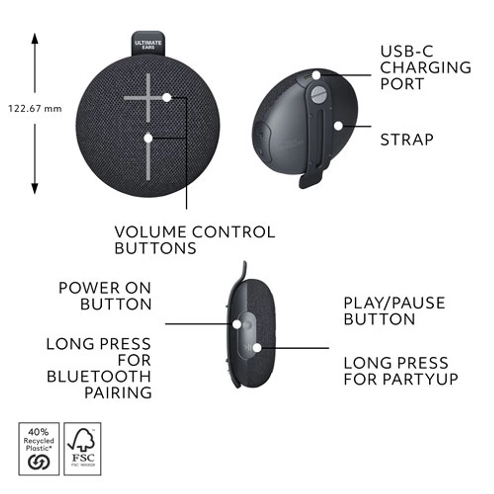 Ultimate Ears MINIROLL Waterproof Bluetooth Wireless Mini Portable Speaker - Gentle Black