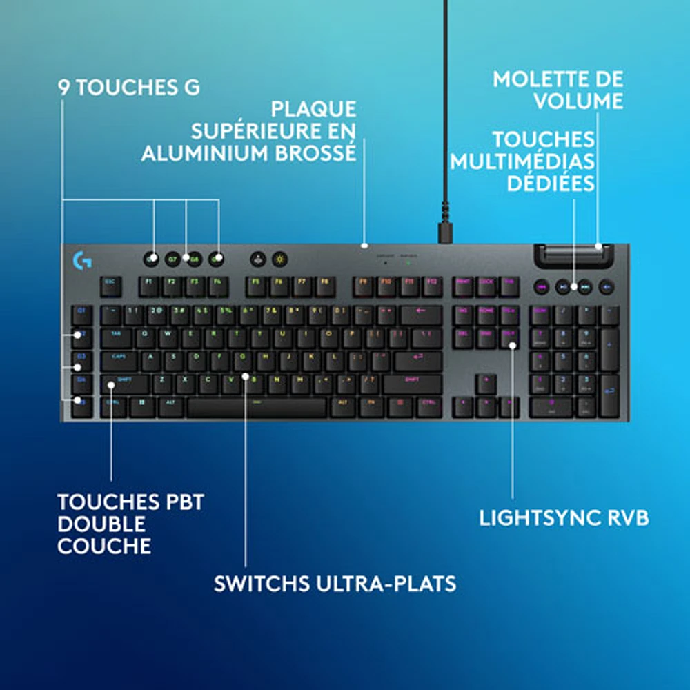 Clavier de jeu pleine grandeur avec fil rétroéclairé à commutateurs mécaniques linéaires GL G915 X de Logitech - Noir