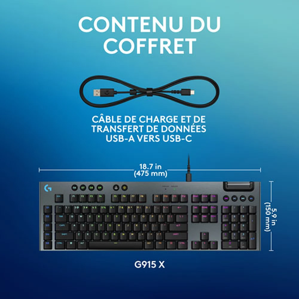 Clavier de jeu pleine grandeur avec fil rétroéclairé à commutateurs mécaniques linéaires GL G915 X de Logitech - Noir