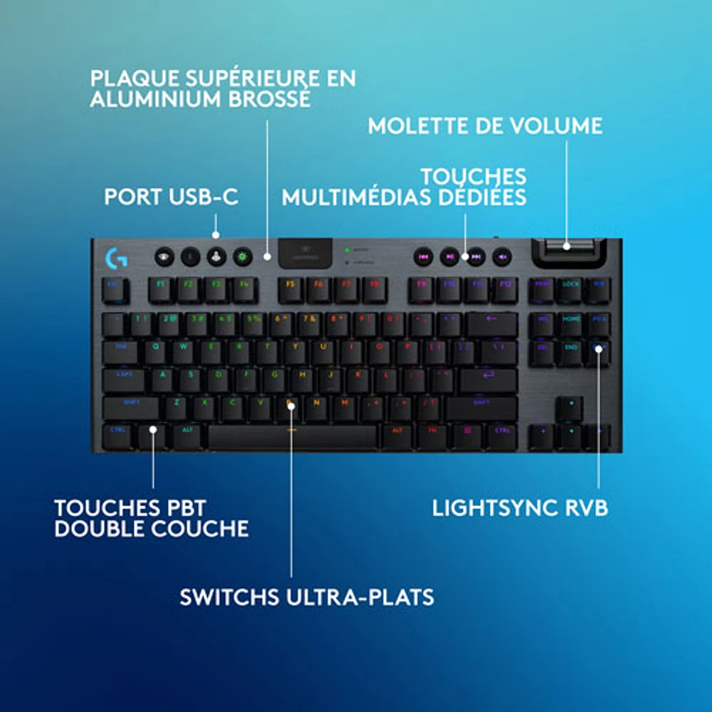 Clavier de jeu sans fil rétroéclairé à commutateurs linéaires GL sans pavé numérique G915 X LIGHTSPEED de Logitech - Noir