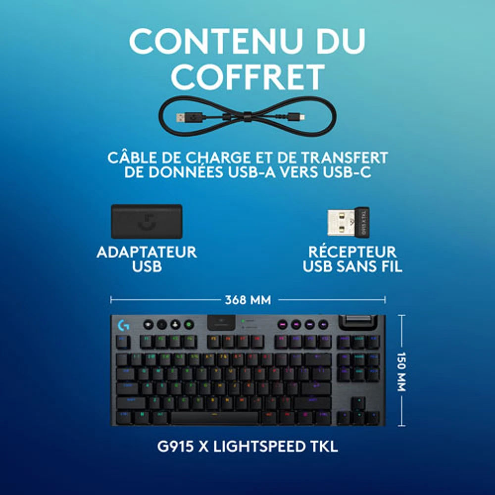 Clavier de jeu sans fil rétroéclairé à commutateurs mécaniques à clic GL sans pavé numérique G915 X LIGHTSPEED de Logitech - Noir