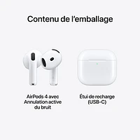 Écouteurs boutons 100 % sans fil à suppression active du bruit AirPods 4 d'Apple avec étui de chargement USB-C