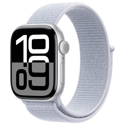 Apple Watch Series 10 (GPS) avec boîtier de mm en aluminium argenté et bracelet sport à rabat nuage bleu