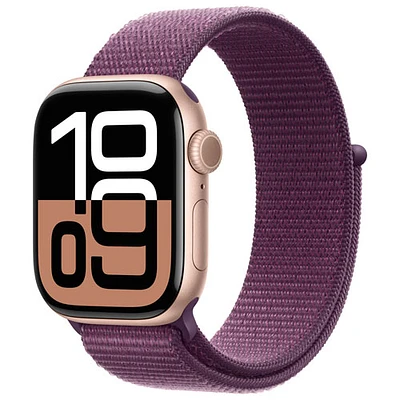 Apple Watch Series 10 (GPS + cellulaire) avec boîtier de mm en aluminium or rose et bracelet sport à rabat prune