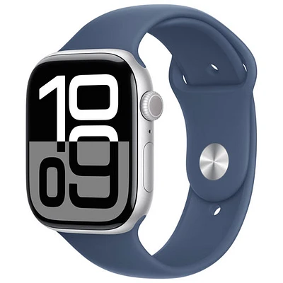 Apple Watch Series 10 (GPS + Cellular) 46mm Silver Aluminum Case with Denim Sport Band - Medium/Large