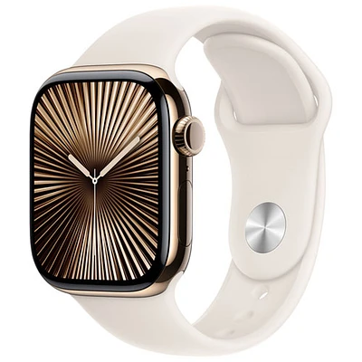 Apple Watch Series 10 (GPS + Cellular) 42mm Gold Titanium Case with Starlight Sport Band - Small/ Medium