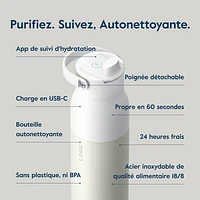 Bouteille d'eau de 680 ml (23 oz) PureVis 2 autonettoyante en acier inoxydable isotherme avec capteur intelligent de LARQ - Blanc