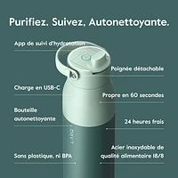 Bouteille d'eau de 1 L (34 oz) PureVis 2 autonettoyante en acier inoxydable isotherme avec capteur intelligent de LARQ