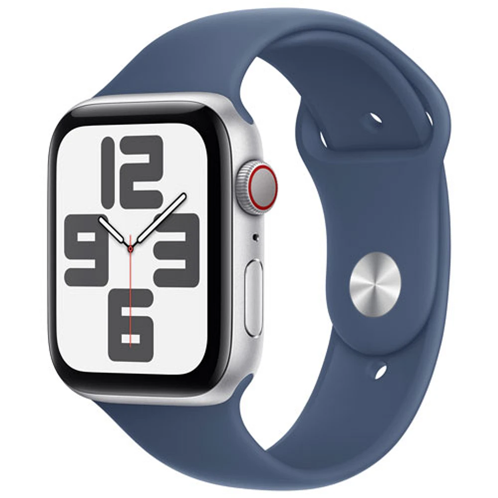 Apple Watch SE (GPS + Cellular) 44mm Silver Aluminum Case with Denim Sport Band - Small/Medium