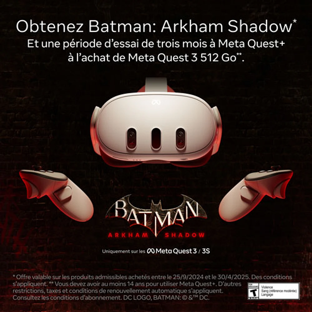 Casque de réalité virtuelle de 512 Go Quest 3 de Meta avec manettes Touch Plus et Batman : Arkham Shadow