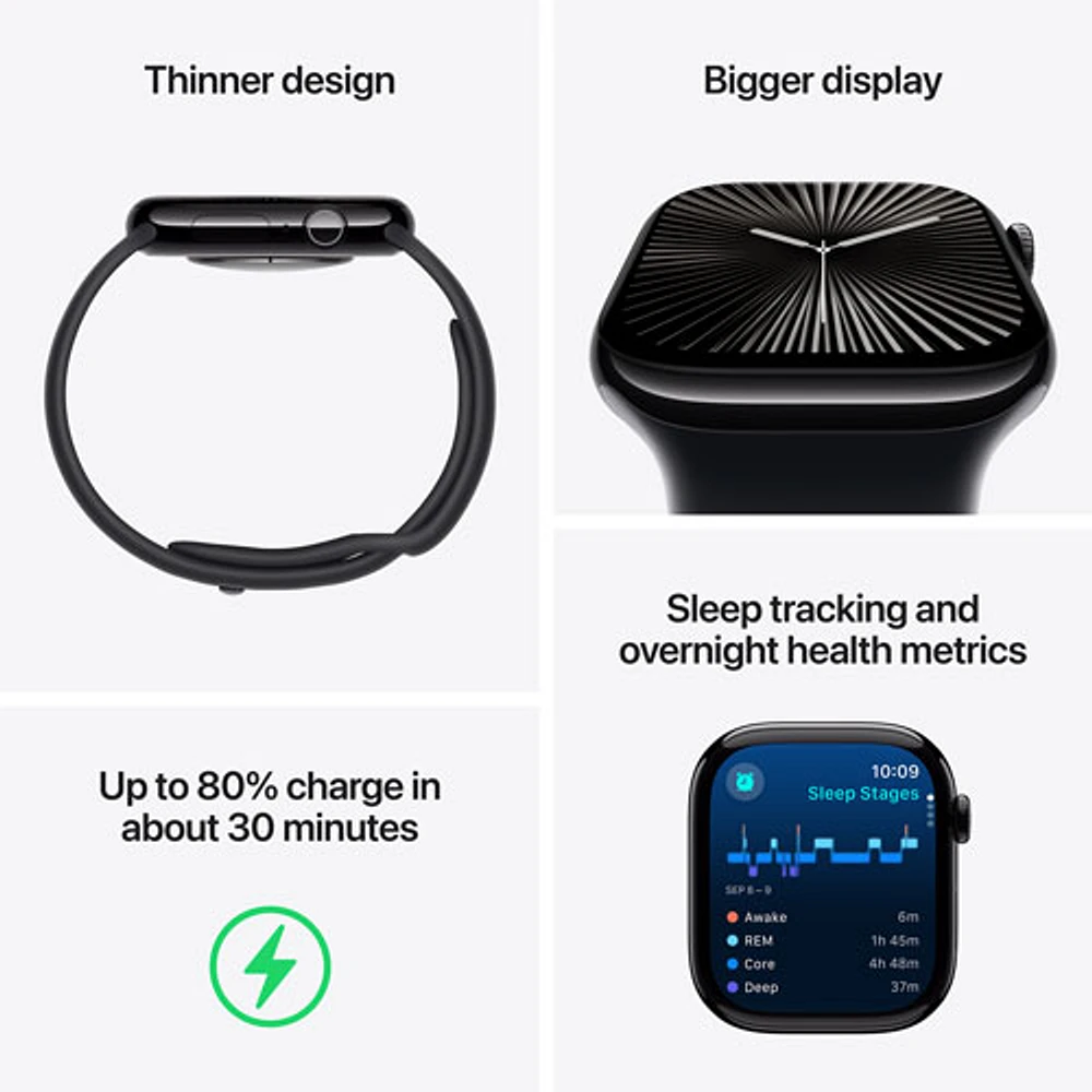 TELUS Apple Watch Series 10 (GPS + Cellular) 42mm Jet Black Aluminum Case w/Black Sport Band -/M- Monthly Financing