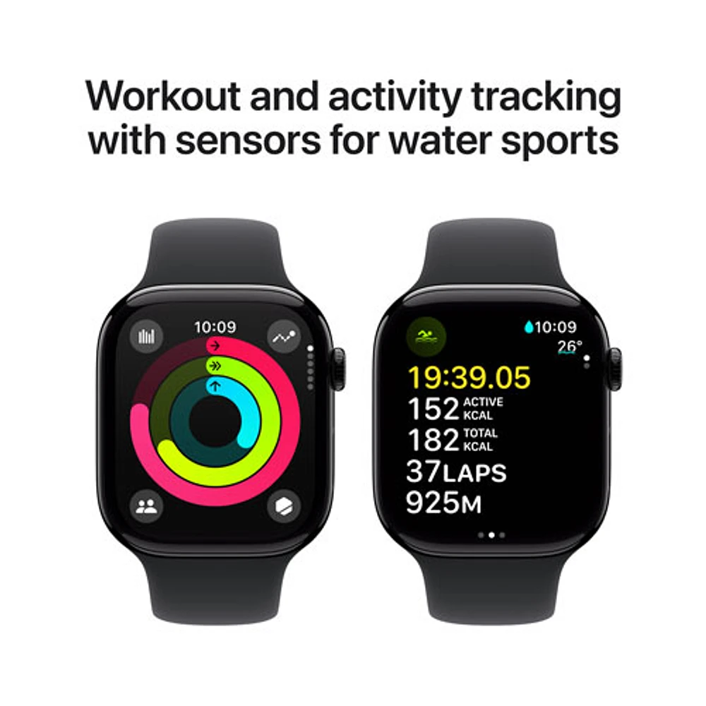 TELUS Apple Watch Series 10 (GPS + Cellular) 46mm Jet Black Aluminum Case w/Black Sport Band-M/L-Monthly Financing