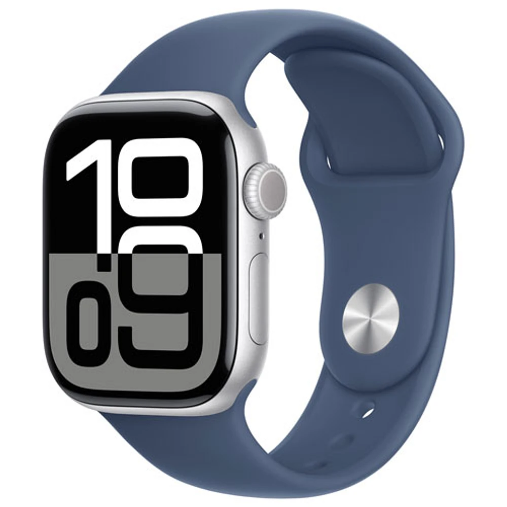 Apple Watch Series 10 (GPS + Cellulaire) avec boîtier de 42 mm en aluminium argenté et bracelet sport denim par Rogers - M/G - Financement mensuel