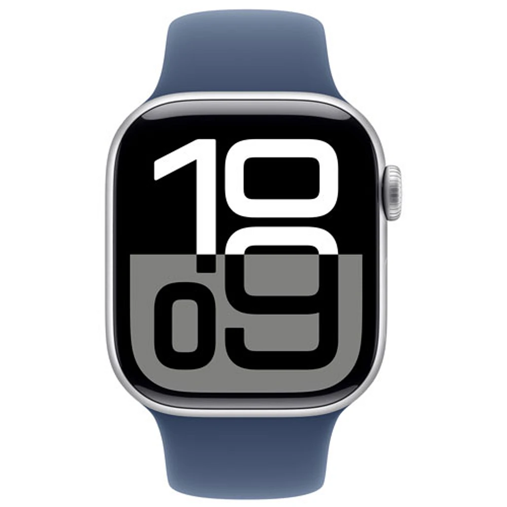 Apple Watch Series 10 (GPS + Cellulaire) avec boîtier de 42 mm en aluminium argenté et bracelet sport denim par Rogers - M/G - Financement mensuel