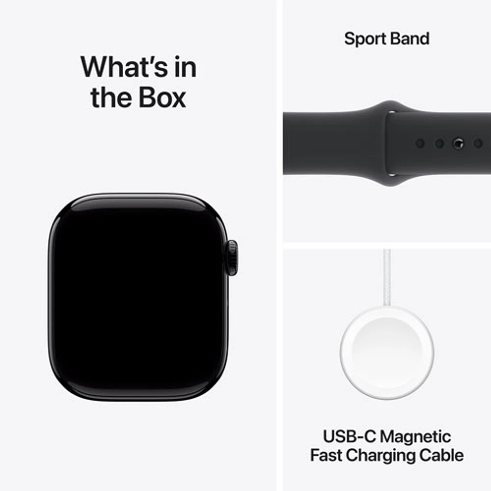 Apple Watch Series 10 (GPS + Cellulaire) avec boîtier de mm en aluminium noir de jais et bracelet sport noir par Rogers - M
