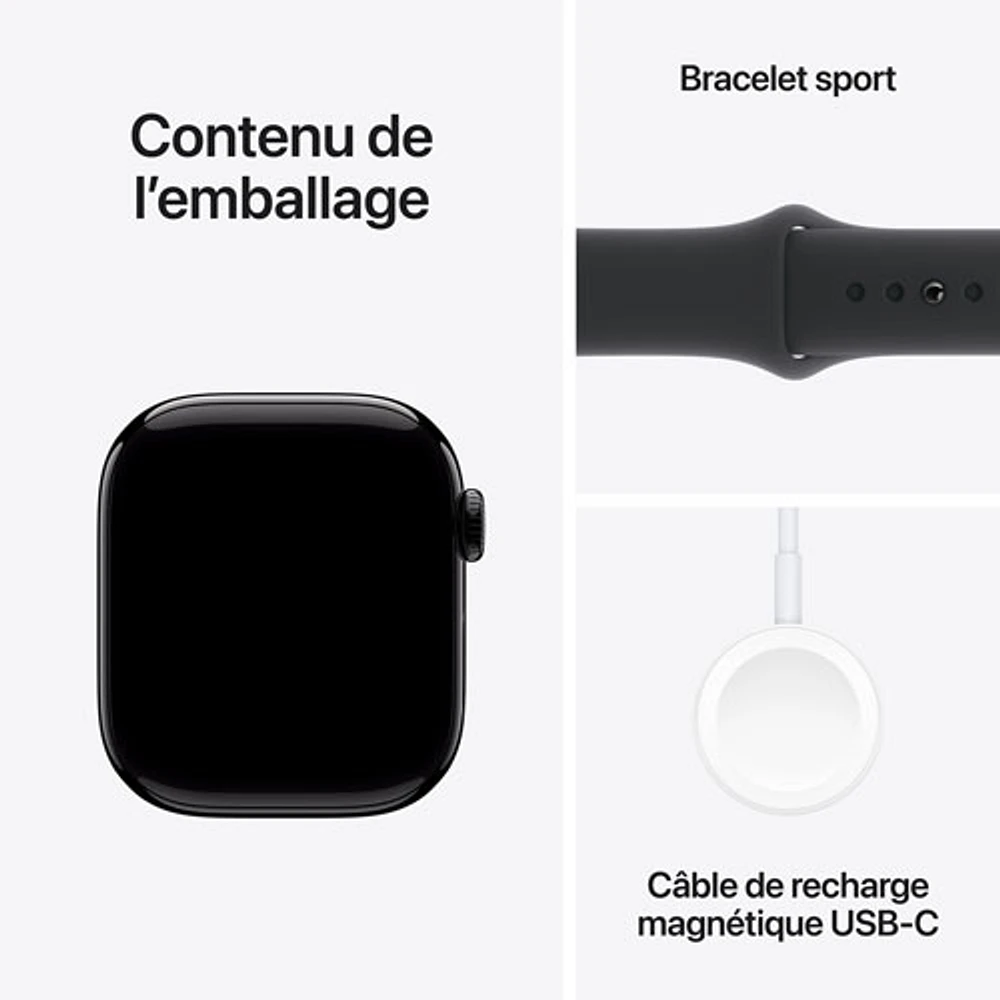 Apple Watch Series 10 (GPS + Cellulaire) avec boîtier de mm en aluminium noir de jais et bracelet sport noir par Rogers - M