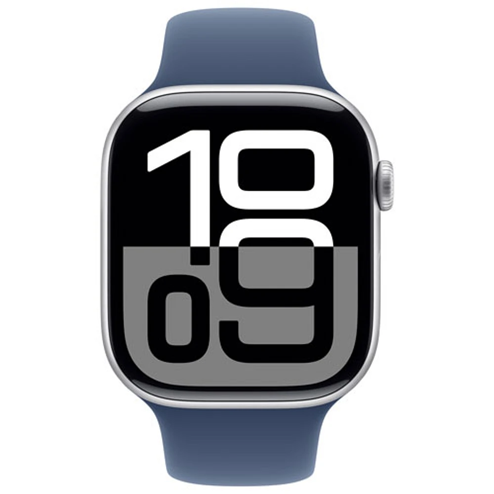 Apple Watch Series 10 (GPS + Cellulaire) avec boîtier de 46 mm en aluminium argenté et bracelet sport denim de Rogers - M/G - Financement mensuel