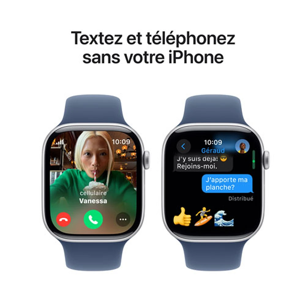 Apple Watch Series 10 (GPS + Cellulaire) avec boîtier de 46 mm en aluminium argenté et bracelet sport denim de Rogers - M/G - Financement mensuel
