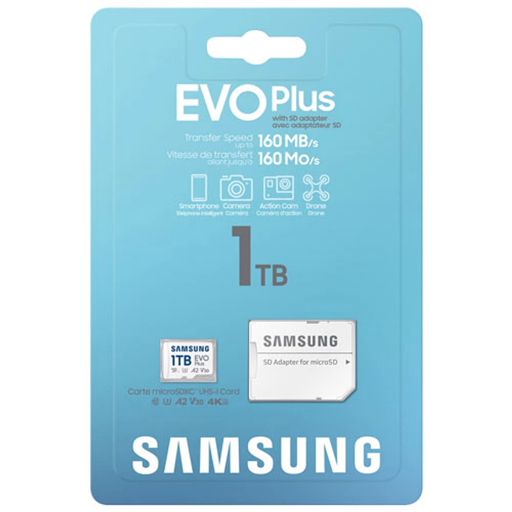 Carte mémoire microSDXC UHS-I de 160 Mo/s et 1 To Evo Plus de Samsung avec adaptateur SD