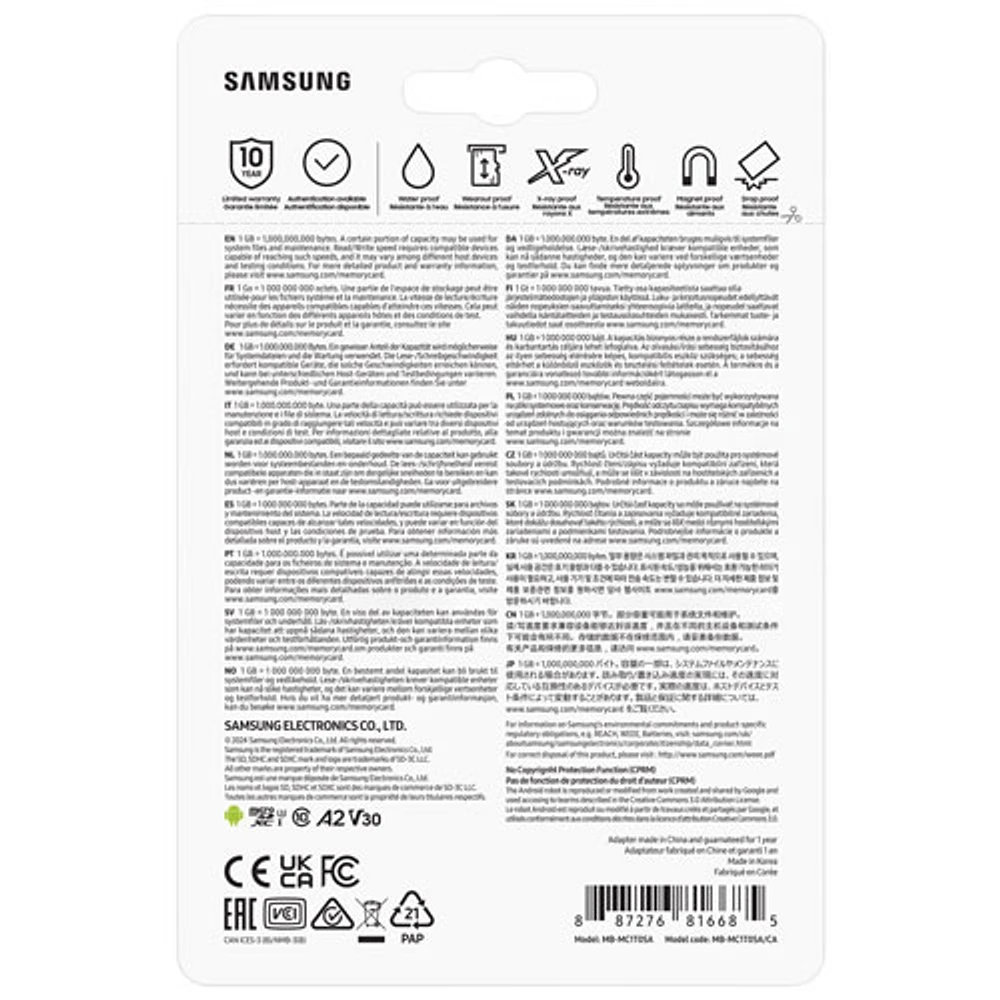 Carte mémoire microSDXC UHS-I de 160 Mo/s et 1 To Evo Plus de Samsung avec adaptateur SD