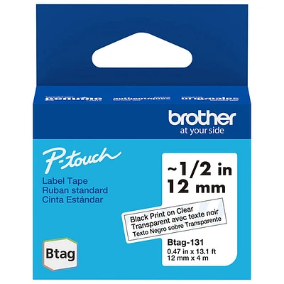 Brother Genuine Btag Non-Laminated ~1/2" Black on Clear Label Tape (BTAG131)