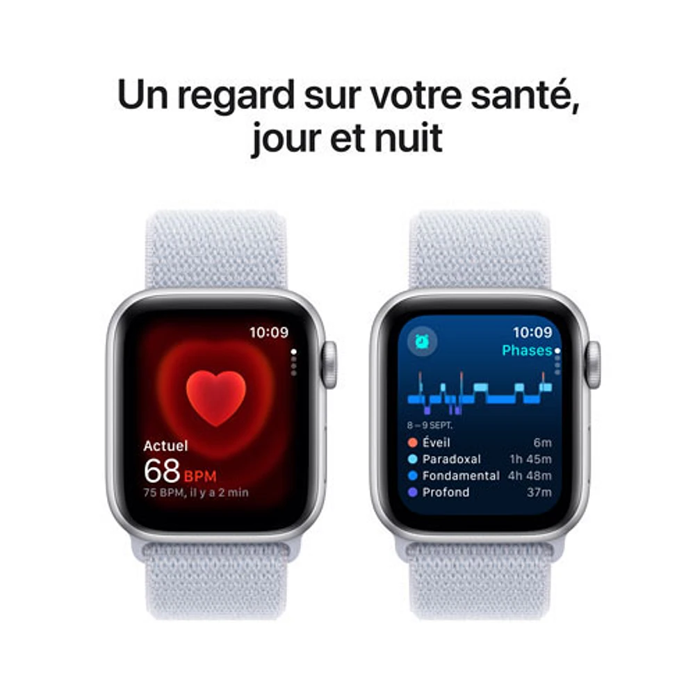 Apple Watch SE (GPS + Cellular) de 40 mm avec boîtier en aluminium argenté et bracelet sport à rabat nuage bleu par TELUS