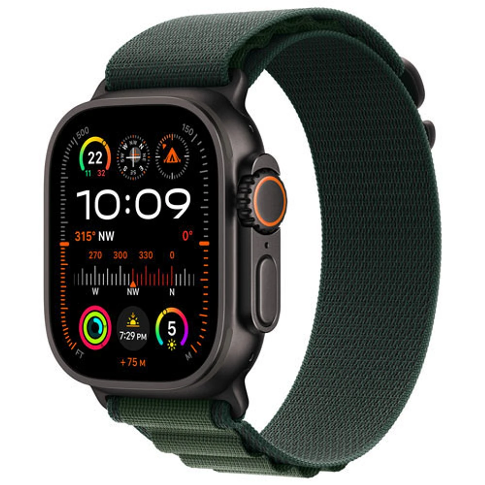 Apple Watch Ultra 2 (GPS + Cellulaire) avec boîtier de 49 mm en titane noir et bracelet Alpin vert foncé par Virgin Plus - Grand - Financement mensuel