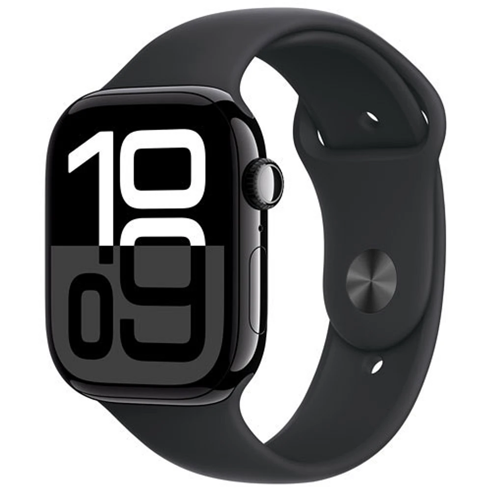 Apple Watch Series 10 (GPS + Cellulaire) avec boîtier de 46 mm en aluminium noir de jais et bracelet sport noir par Virgin Plus - Moyen/Grand - Financement mensuel