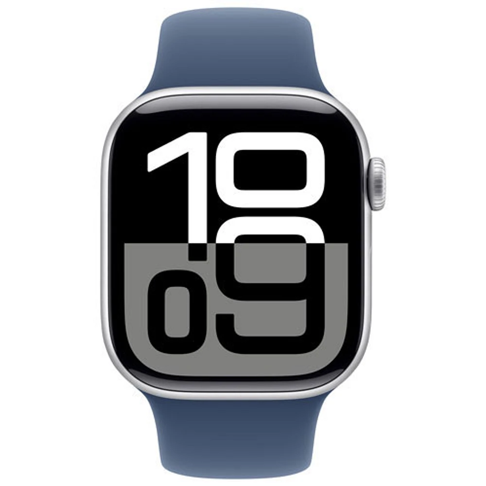 Apple Watch Series 10 (GPS + Cellulaire) avec boîtier de mm en aluminium argenté et bracelet sport denim par Freedom Mobile - Moyen/Grand