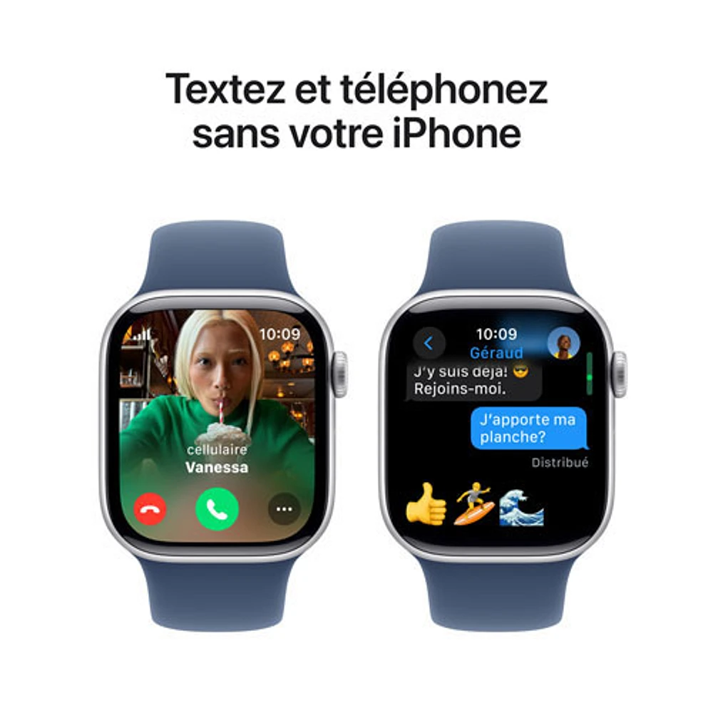 Apple Watch Series 10 (GPS + Cellulaire) avec boîtier de mm en aluminium argenté et bracelet sport denim par Freedom Mobile - Moyen/Grand