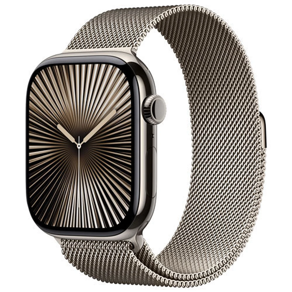 Apple Watch Series 10 (GPS + Cellulaire) avec boîtier de 46 mm en titane naturel et bracelet milanais naturel par Freedom Mobile - Moyen/Grand - Paiement Balance mensuel