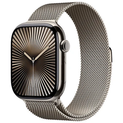Apple Watch Series 10 (GPS + Cellulaire) avec boîtier de 46 mm en titane naturel et bracelet milanais naturel par Freedom Mobile - Moyen/Grand - Paiement Balance mensuel
