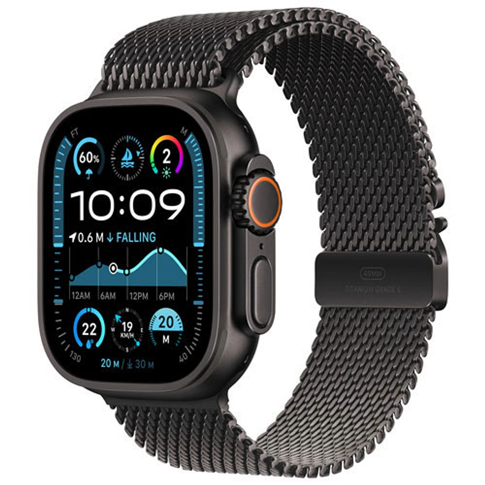 Apple Watch Ultra 2 (GPS + Cellulaire) avec boîtier de 49 mm en titane noir et bracelet milanais en titane noir par Freedom Mobile - Moyen - Paiement Balance mensuel