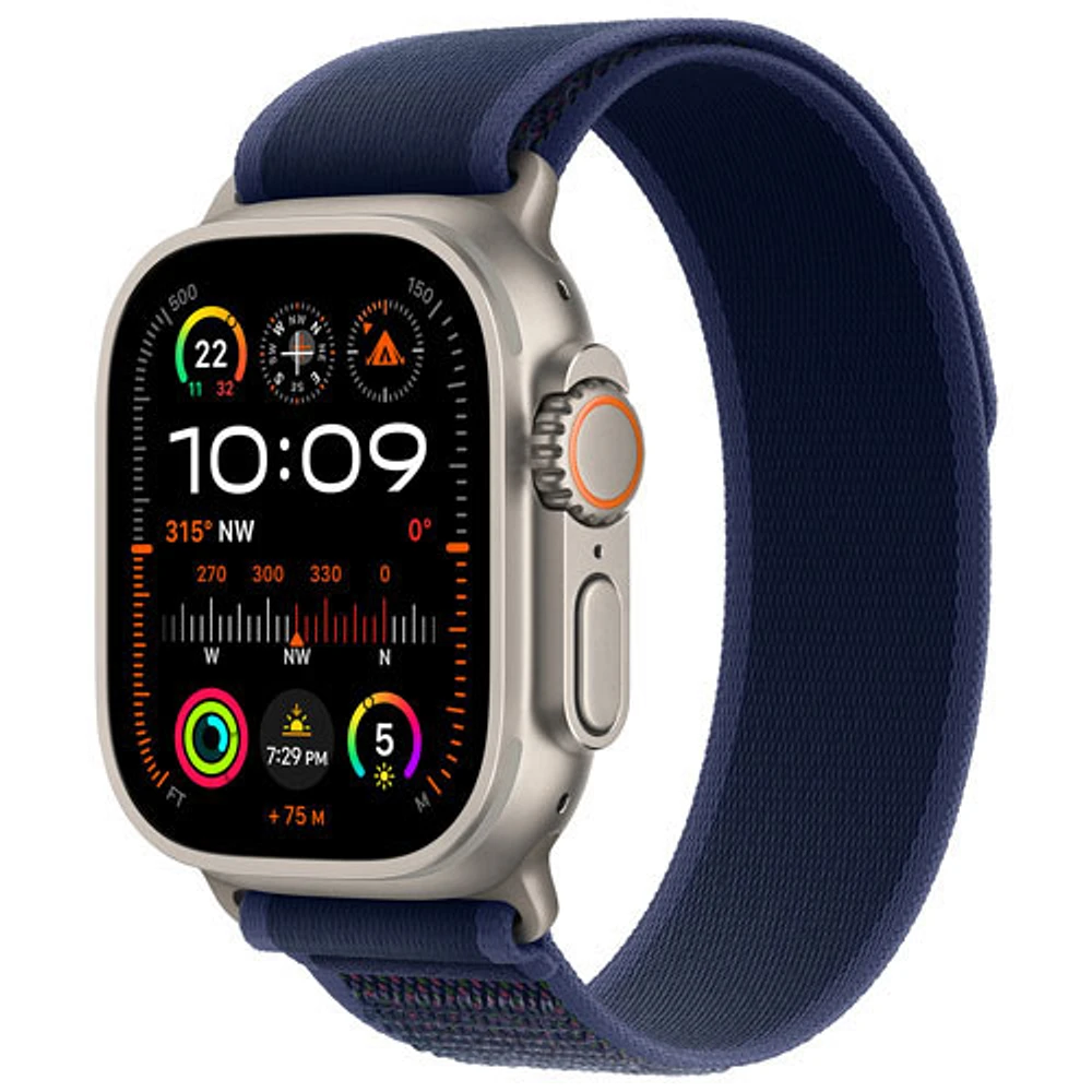 Apple Watch Ultra 2 (GPS + Cellulaire) avec boîtier de 49 mm en titane naturel et bracelet Sentier bleu par Freedom Mobile - Moyen/Grand - Paiement Balance mensuel