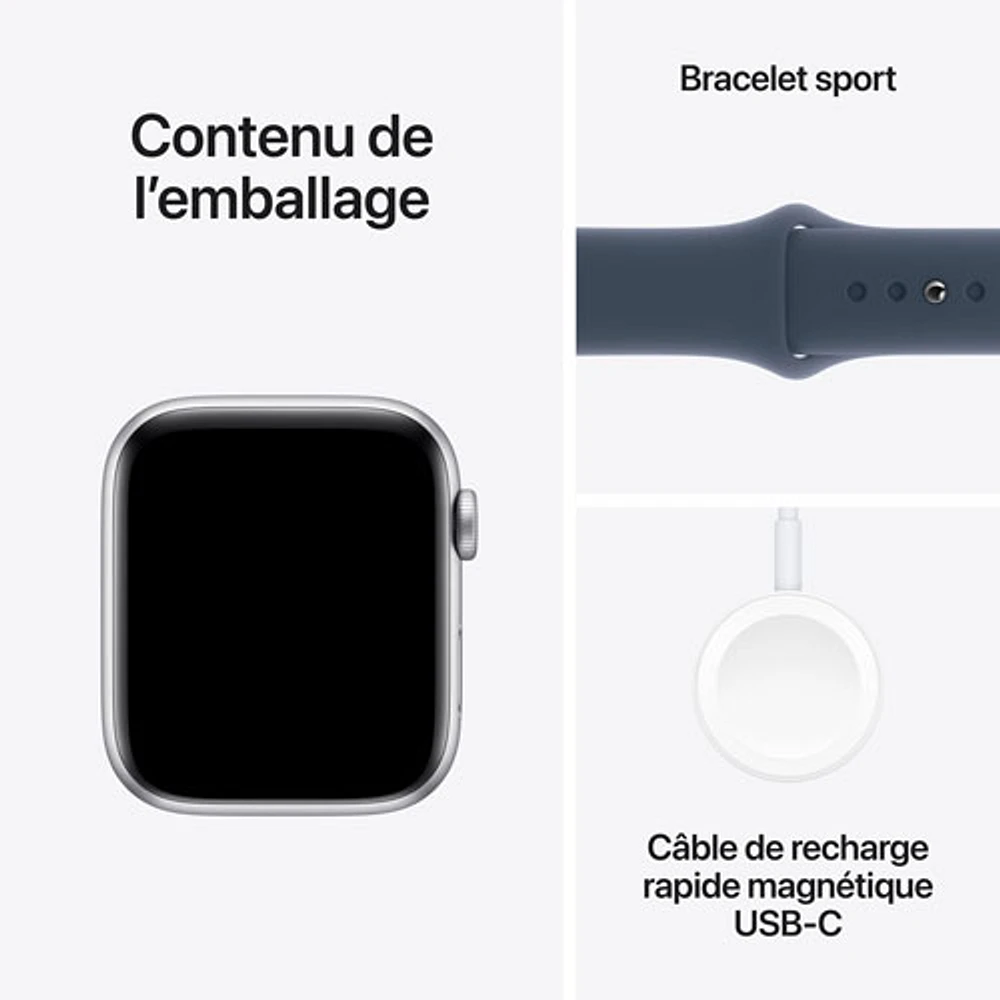 Apple Watch SE (GPS + Cellulaire) avec boîtier de 44 mm en aluminium argenté et bracelet sport bleu tempête par Koodo - Petit/Moyen - Paiement Balance mensuel