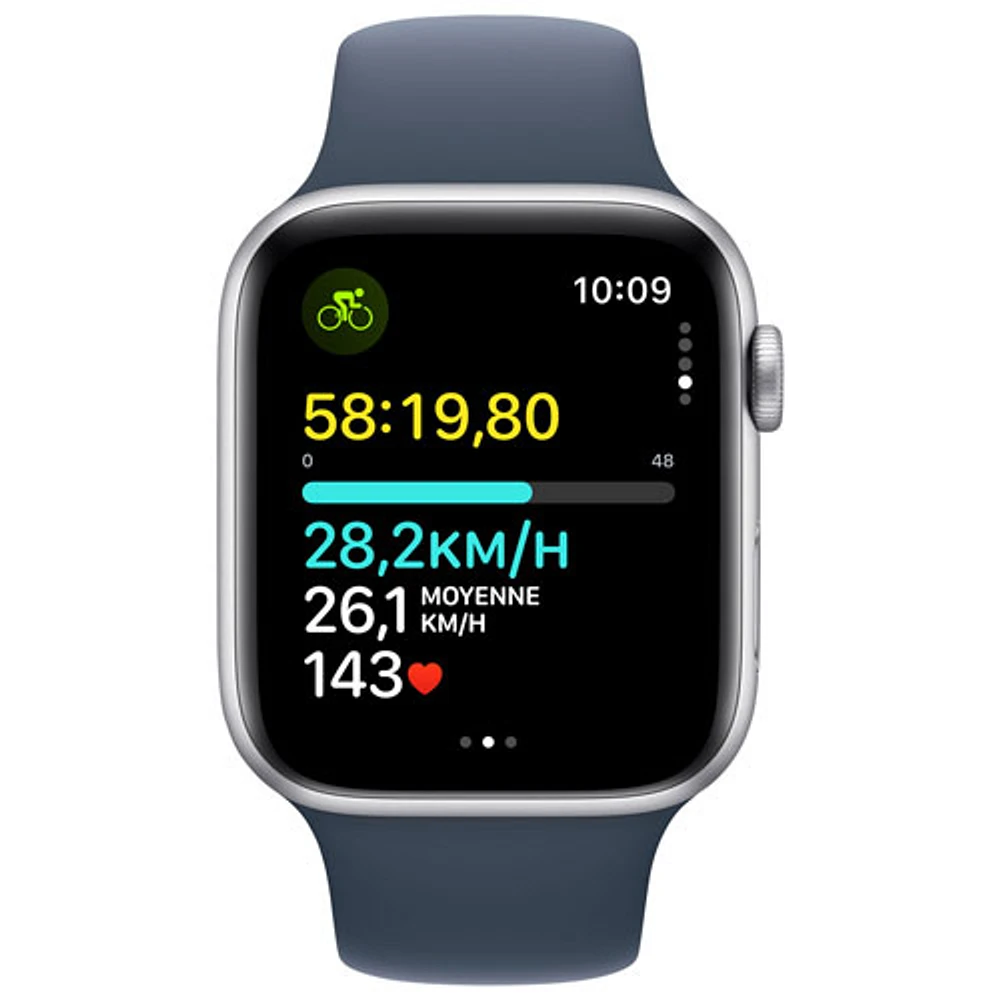 Apple Watch SE (GPS + Cellulaire) avec boîtier de 44 mm en aluminium argenté et bracelet sport bleu tempête par Koodo - Petit/Moyen - Paiement Balance mensuel