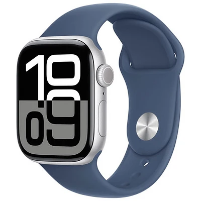 Apple Watch Series 10 (GPS + cellulaire) avec boîtier de mm en aluminium argenté et bracelet sport denim par Koodo - Moyen/Grand