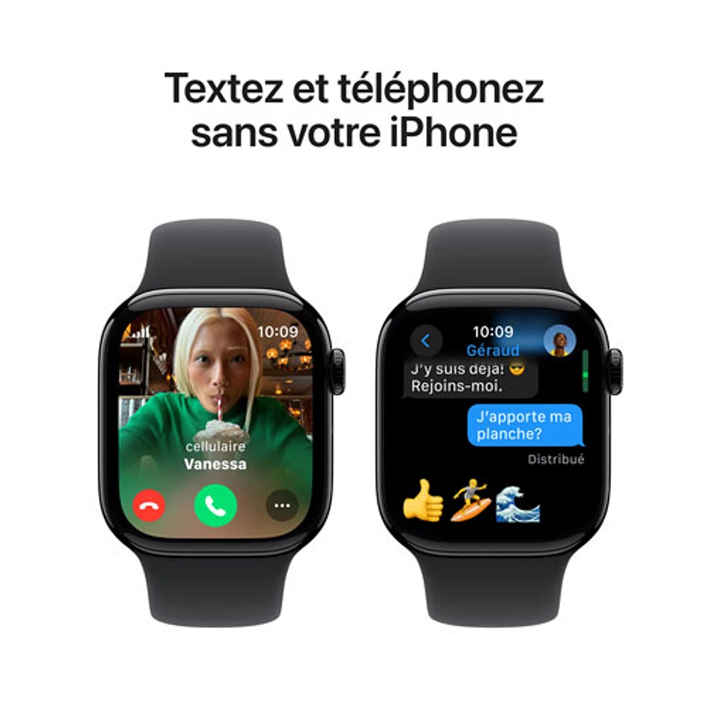 Apple Watch Series 10 (GPS + cellulaire) avec boîtier de mm en aluminium noir de jais et bracelet sport noir par Koodo - Moyen/Grand