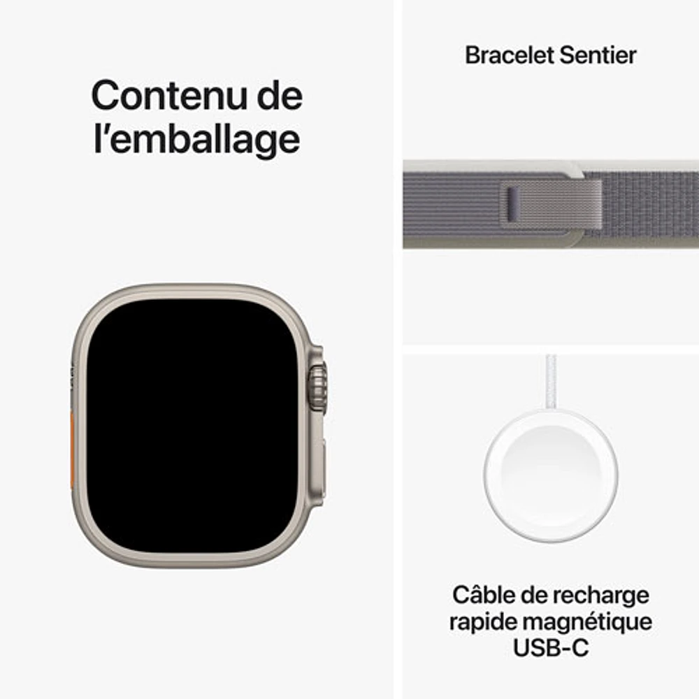 Apple Watch Ultra 2 (GPS + cellulaire) avec boîtier de 49 mm en titane et bracelet à rabat sentier vert gris par Koodo - Moyen/Grand 145-220 mm - Paiement Balance mensuel