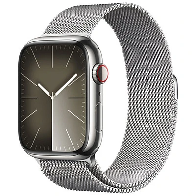 Apple Watch Series 9 (GPS + cellulaire) avec boîtier de 45 mm en acier inoxydable argenté et bracelet milanais argenté par Koodo - Grand - Paiement Balance mensuel